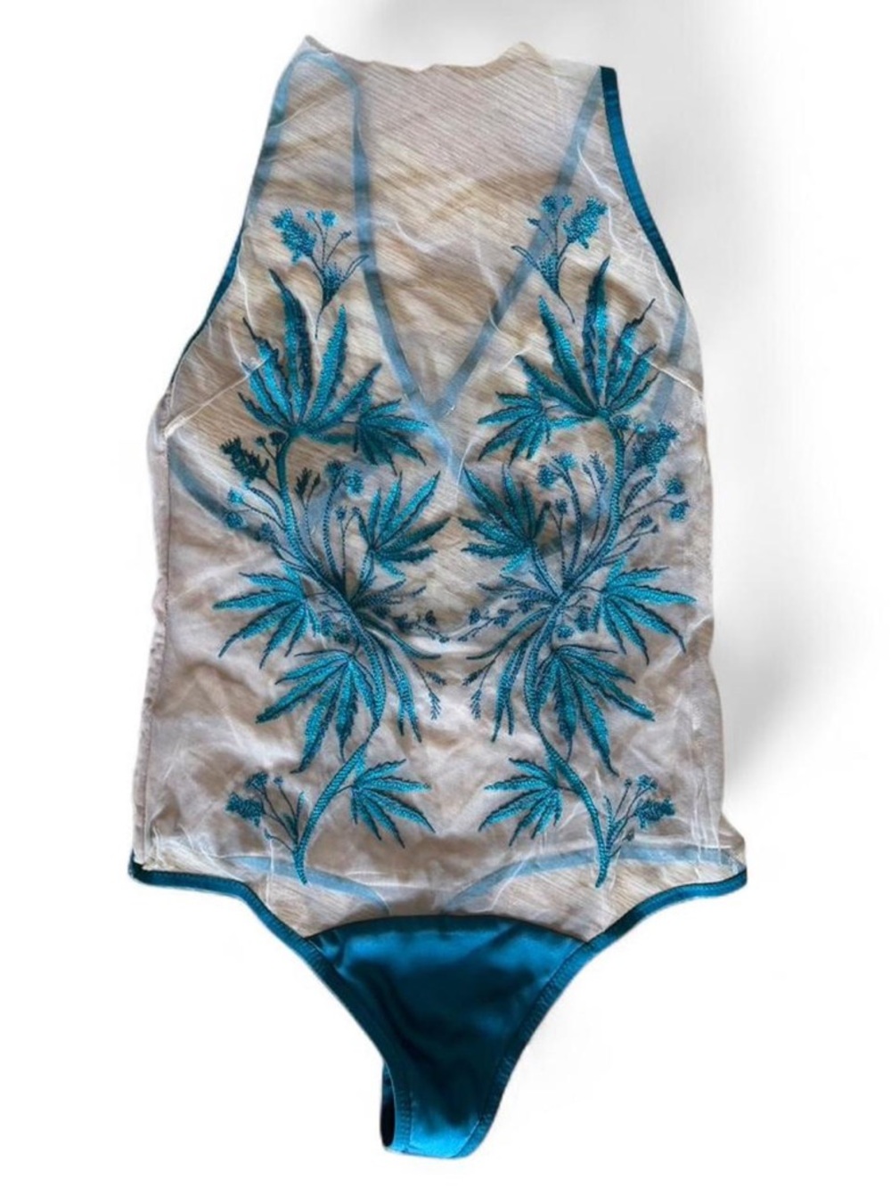 Thistle and Spire Teal Floral Embroidered Sheer Bodysuit - Picture 3 of 5